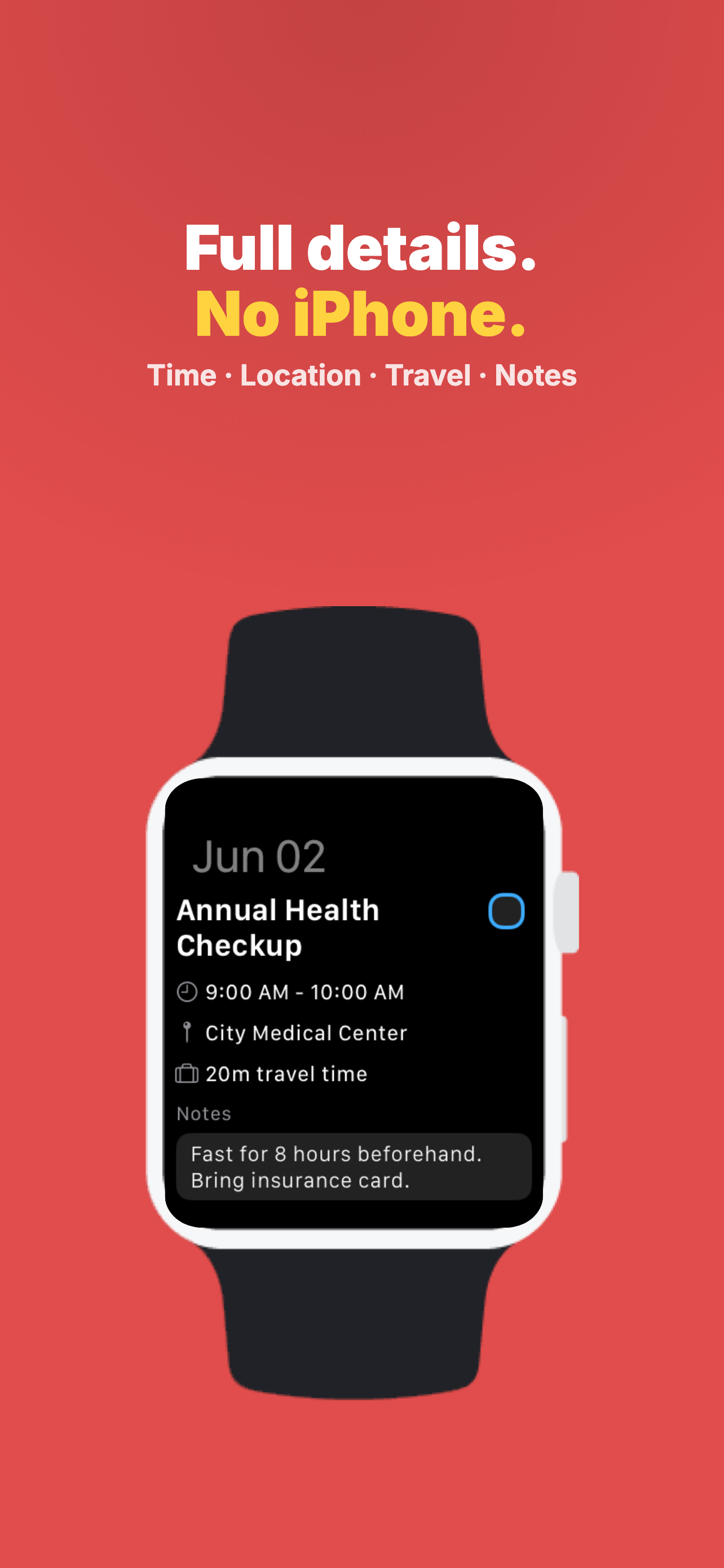 App Store screenshot: a single event opened to full detail on Apple Watch