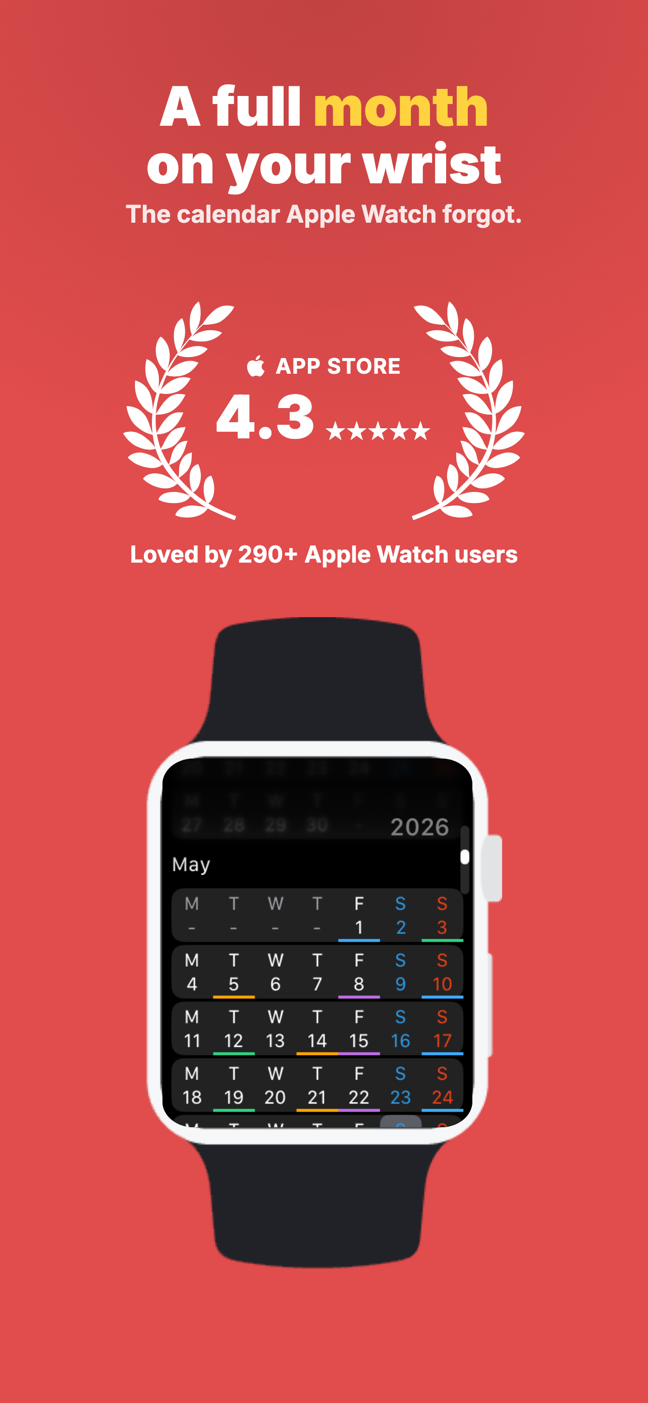 App Store screenshot: a full month of events on an Apple Watch, above an App Store rating of 4.3